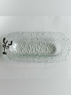 Textured Clear Glass Tray - Bubble Design with silver metal Lobster - seafood